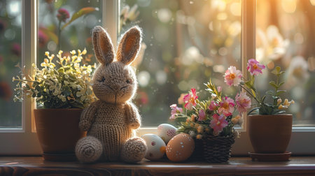 A handcrafted knitted bunny sits beside painted Easter eggs and fresh flowers on a sunlit windowsill.の素材