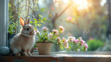 A charming Easter scene with a bunny, decorated eggs, and blooming spring flowers on a windowsill.の素材