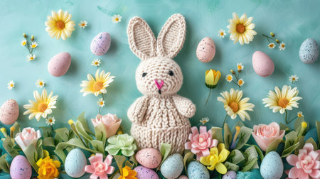A delicately knitted Easter bunny surrounded by colorful eggs and spring flora.の素材