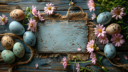 A rustic Easter card adorned with colorful painted eggs and fresh spring blooms rests on a wooden surface.の素材