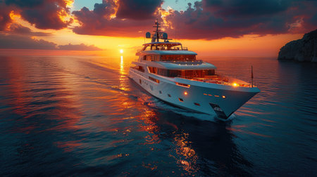 A majestic luxury yacht cruising through the sea against a breathtaking sunset backdrop.の素材