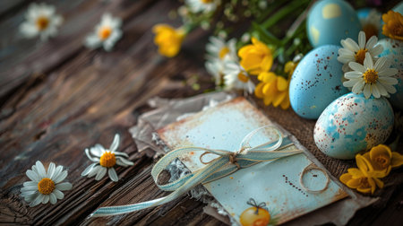 A rustic Easter card adorned with colorful painted eggs and fresh spring blooms rests on a wooden surface.の素材