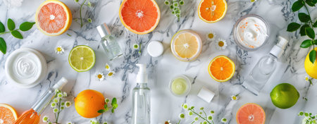 A vivid flat lay featuring a mix of skincare products and fresh citrus fruits on a sleek marble surface.の素材
