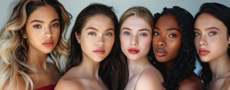 A diverse group of five young women poses together with natural confidence.の素材