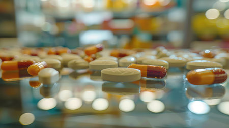 A close-up of various pharmaceutical pills scattered with a soft, glowing bokeh effect.の素材