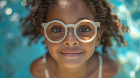 A joyful young girl with curly hair wearing oversized white sunglasses smiles broadly.の素材