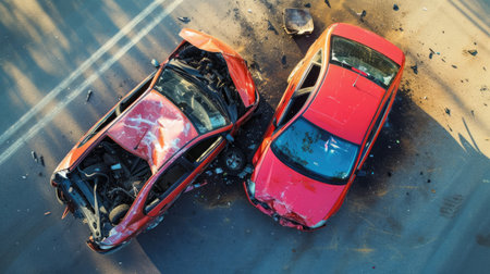 An overhead shot captures two cars in a serious accident with significant damage and debris scattered on the road.の素材