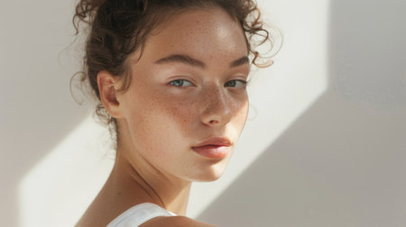 A young woman with a flawless complexion highlights the importance of a careful skincare routine against a clean white background.の素材
