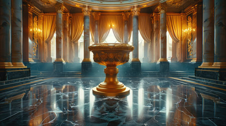 An ornate golden pedestal with baroque sculptural details stands prominently on a reflective marble floor within a luxurious interior.の素材