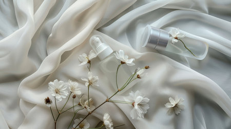 A sophisticated flat lay of skincare essentials delicately arranged on smooth, creamy satin with subtle floral accents.の素材