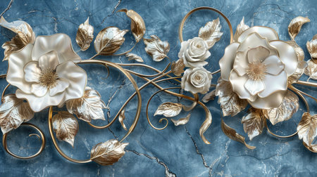 An intricate metallic floral decoration embellishes a richly textured blue background, exuding luxury and elegance.の素材
