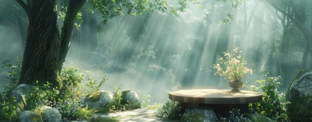 Sunbeams cascade through a misty forest, spotlighting an elegant wooden podium among lush greenery.の素材
