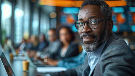 A senior executive with glasses exudes confidence and experience in a corporate boardroom meeting.の素材