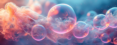 This image presents an abstract, dreamlike underwater scene with translucent bubbles and ethereal glows.の素材