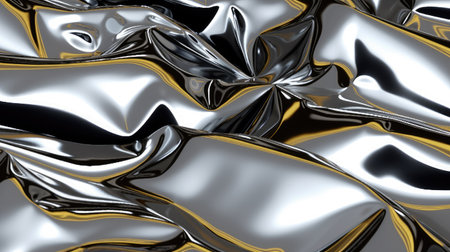 A fluid and reflective silver metal surface with a wavy, abstract texture.の素材