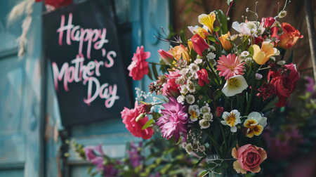 A diverse and colorful bouquet of flowers sits beside a cheerful Happy Mother's Day sign.の素材