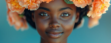 A captivating African American woman with a floral crown and a serene expression embodies elegance and beauty.の素材