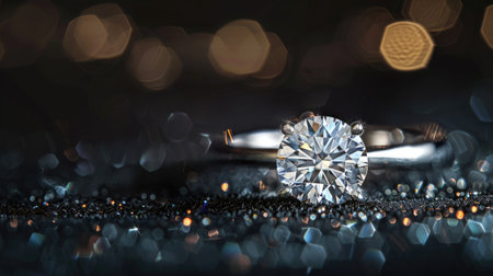 A diamond engagement ring glimmers with intricate reflections on a dark, velvety backdrop.の素材