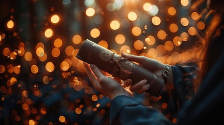 In a close-up shot, a graduate's hand firmly holds their hard-earned diploma, symbolizing the culmination of their academic journey.の素材