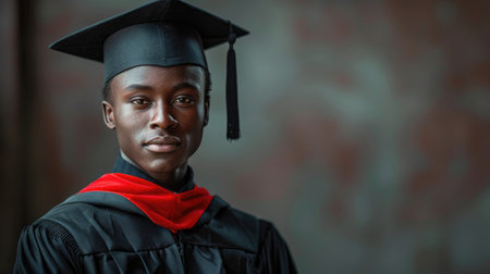 A poised young graduate stands dignified in cap and gown, embodying the pride and promise of academic achievement.の素材