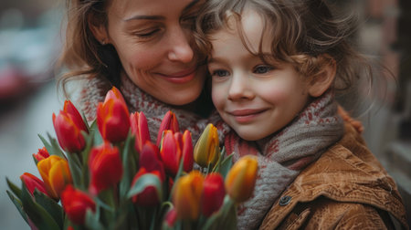 A smiling young girl presents a bouquet of flowers to her delighted mother on Mother's Day.の素材