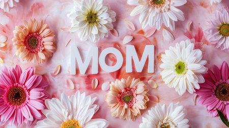 A vibrant mix of gerberas and daisies surrounds the word MOM on a festive Mother's Day.の素材