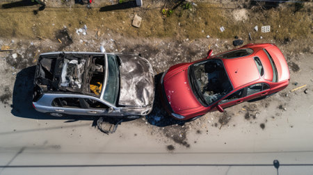 An overhead shot captures two cars in a serious accident with significant damage and debris scattered on the road.の素材