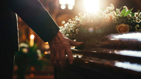 A person's hand rests gently on a polished coffin adorned with flowers, conveying a final farewell at a funeral service.の素材