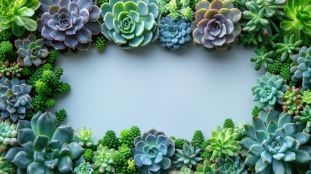 A variety of succulent plants artistically arranged to form a natural green frame with a white background for text.の素材