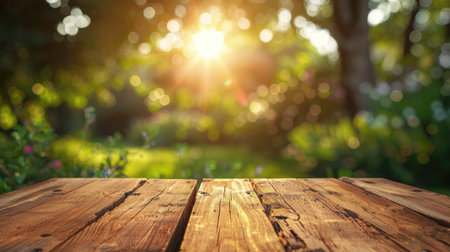 An empty wooden tabletop with a soft-focus summer garden and warm sunlight in the background.の素材