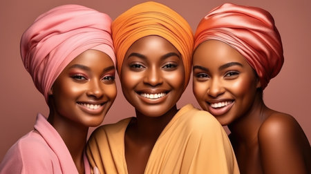 An ensemble of African American models displays elegance in vibrant traditional headwraps and luxurious accessories.の素材