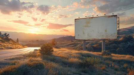 A weathered billboard mockup stands in a rural field against a breathtaking sunset sky.の素材