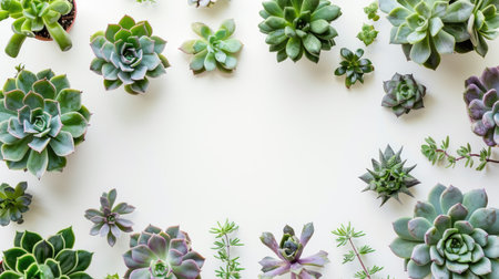 A variety of succulent plants artistically arranged to form a natural green frame with a white background for text.の素材