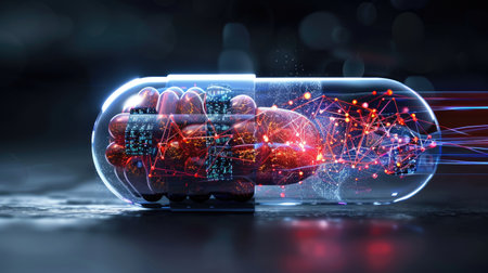 A conceptual representation of an AI-enhanced pill, illustrating intricate technology and computing elements within a transparent capsule.の素材