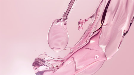 A macro photograph captures the delicate movement and texture of a transparent cosmetic gel against a soft pink backdrop.の素材