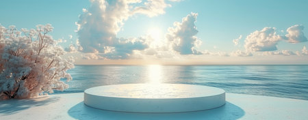 A smooth marble podium overlooks a tranquil sea, offering a peaceful and picturesque stage for displaying products against the backdrop of a serene sunrise.の素材