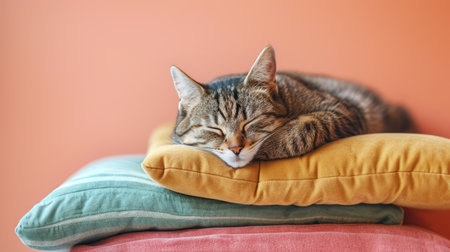 cat enjoys a peaceful nap atop a stack of cozy, pastel-colored pillows.の素材