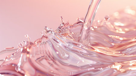 A macro photograph captures the delicate movement and texture of a transparent cosmetic gel against a soft pink backdrop.の素材