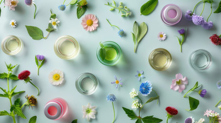 Botanical skincare products with natural ingredients display. A.I.の素材