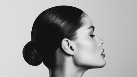 A striking black and white portrait capturing the profile of an elegant woman, showing classic beauty and a timeless hairstyle.の素材