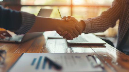 Two professionals shake hands, finalizing a business agreement.の素材