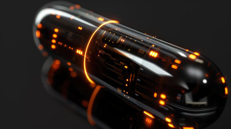 This extreme close-up captures an AI-enhanced smart pill with intricate, glowing circuit details.の素材