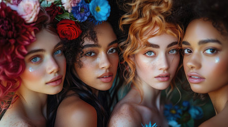 Diverse Women Adorned with Flowers Radiating Natural Beauty. A.I.の素材