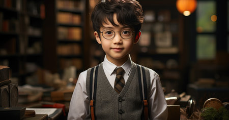 A poised young boy with glasses stands confidently among stacks of books, embodying the spirit of youthful curiosity and academic endeavor.の素材