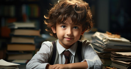 A cheerful boy with a playful smile sits surrounded by stacks of books.の素材