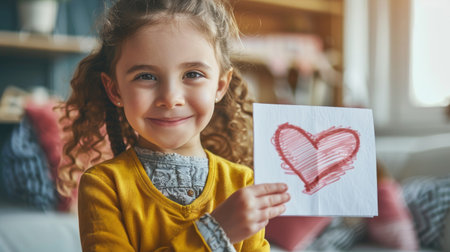 A delighted little girl proudly displays her lovingly crafted Mother's Day card.の素材