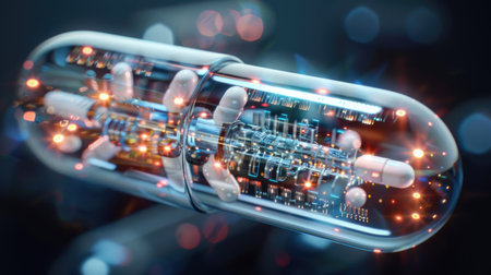 A conceptual representation of an AI-enhanced pill, illustrating intricate technology and computing elements within a transparent capsule.の素材