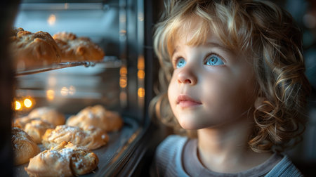 A toddler with curly hair and sparkling blue eyes watches cookies baking, reflected in the warm oven light.の素材
