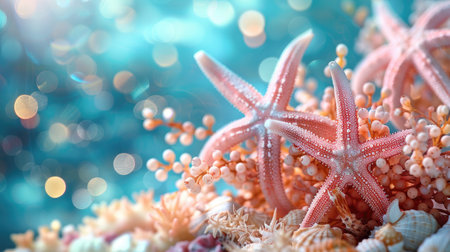 An enchanting under-the-sea background, spotlighting a starfish among vibrant corals with a gentle bokeh effect.の素材