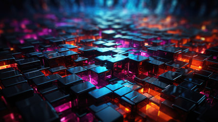 A stunning display of neon-lit cubes in a dynamic, futuristic geometric pattern.の素材